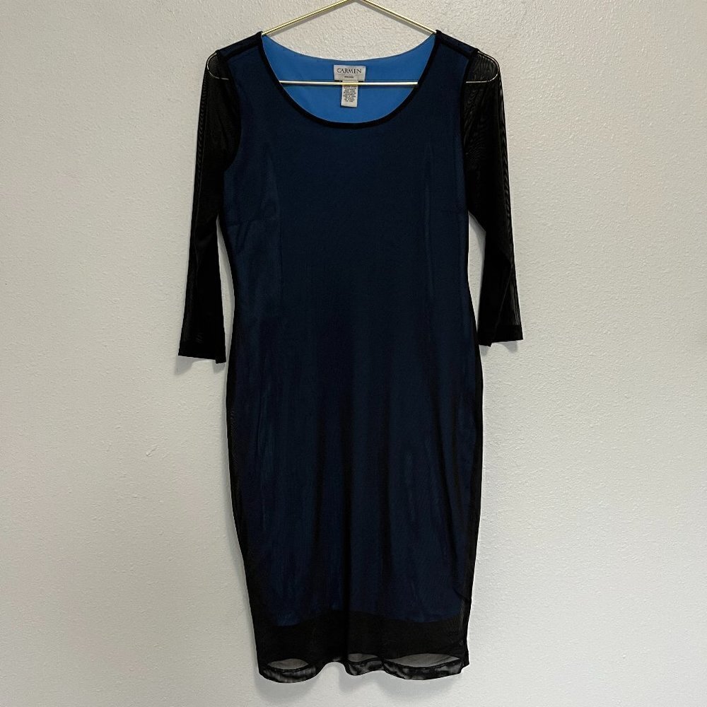 Carmen Marc Valvo Black Sheer With Blue Lining Midi Dress